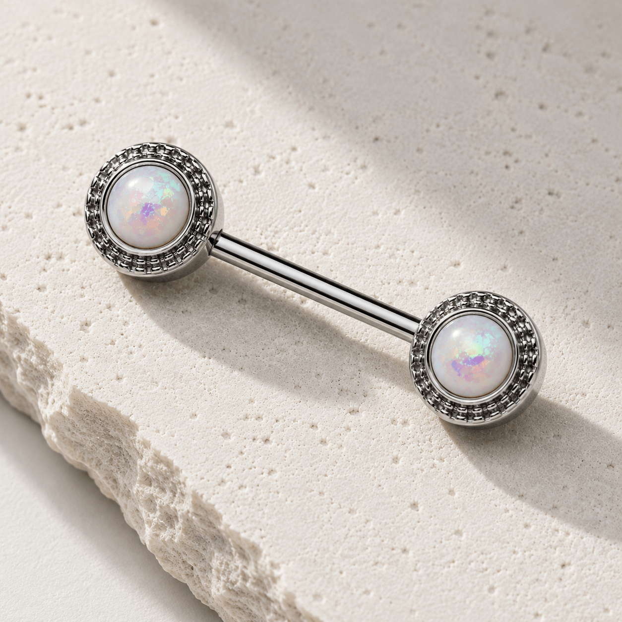 Opal Nipple Barbell Set Stainless Steel 14G Pair