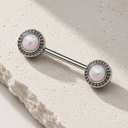 Opal Nipple Barbell Set Stainless Steel 14G Pair