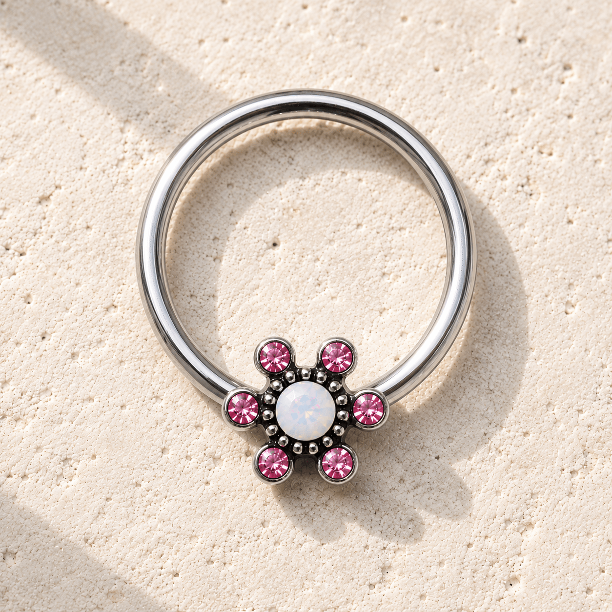 Stainless Steel Jeweled Flower Snap-in Captive Bead Ring / Septum Ring - Skin Metals