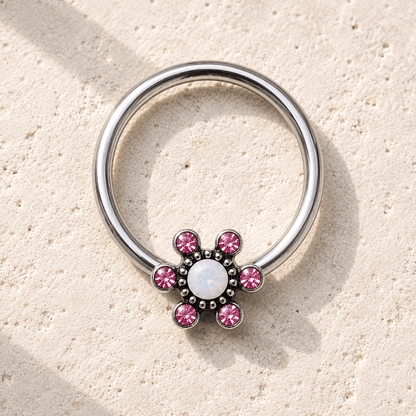 Stainless Steel Jeweled Flower Snap-in Captive Bead Ring / Septum Ring - Skin Metals
