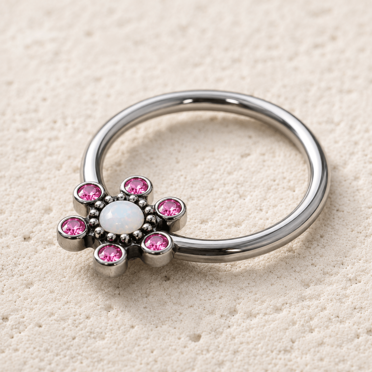 Stainless Steel Jeweled Flower Snap-in Captive Bead Ring / Septum Ring - Skin Metals