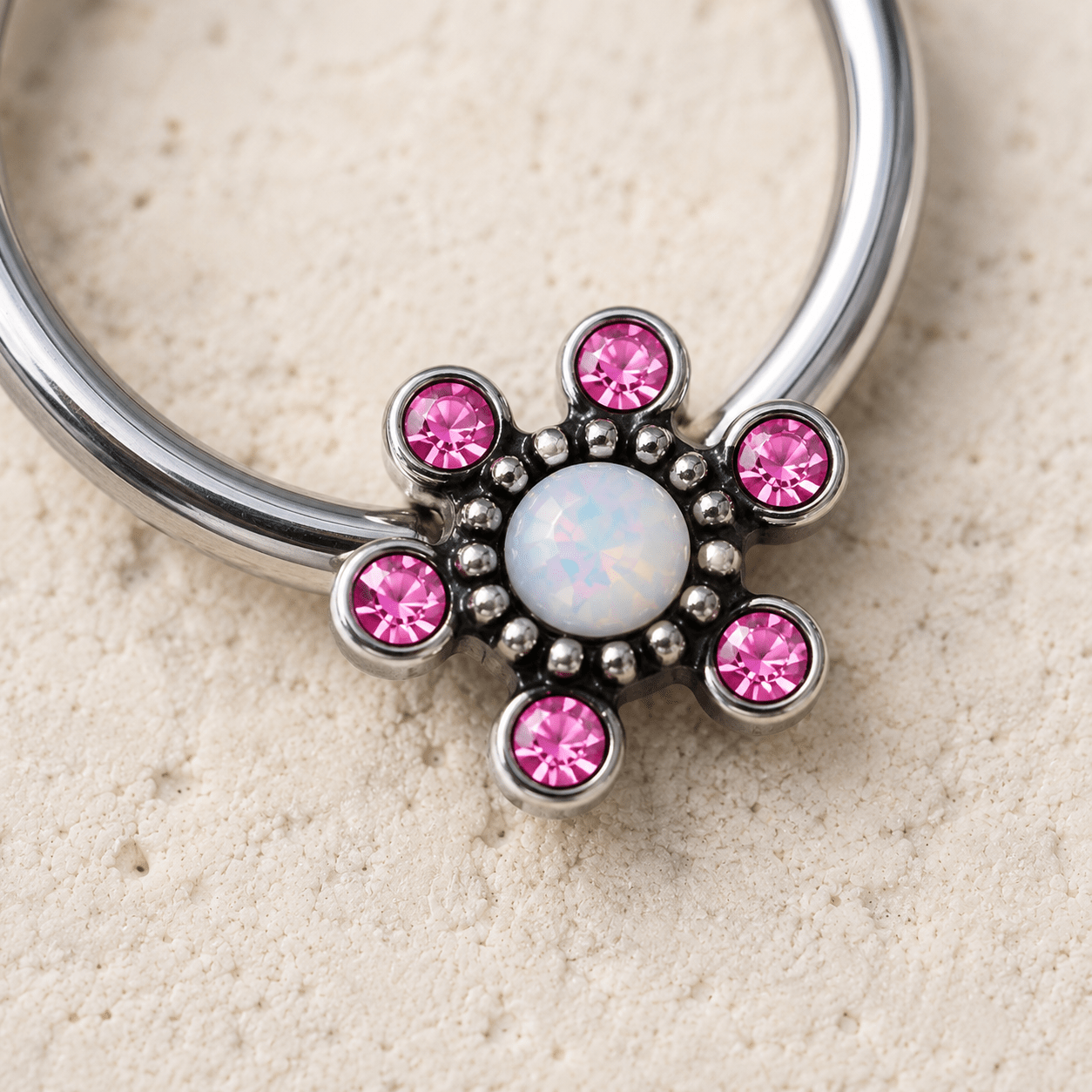 Stainless Steel Jeweled Flower Snap-in Captive Bead Ring / Septum Ring - Skin Metals
