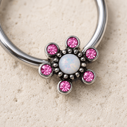 Stainless Steel Jeweled Flower Snap-in Captive Bead Ring / Septum Ring - Skin Metals