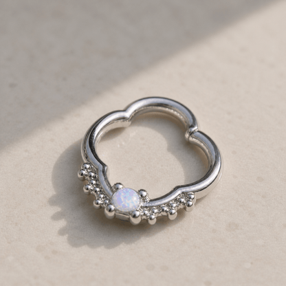 Side view of opal quatrefoil captive bead ring, 16G annealed flexible stainless steel, 10mm diameter