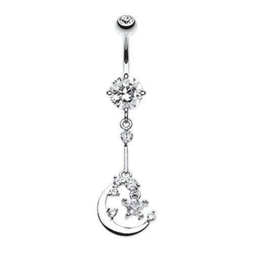 Opulant Moon and Star Cubic Zirconia Belly Button Ring Navel Ring Impulse Piercings Clear