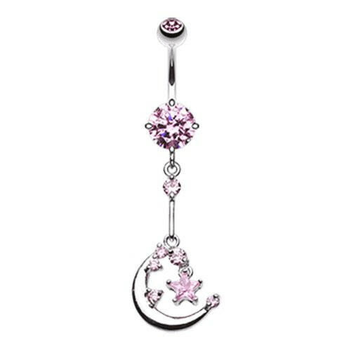 Opulant Moon and Star Cubic Zirconia Belly Button Ring Navel Ring Impulse Piercings Pink