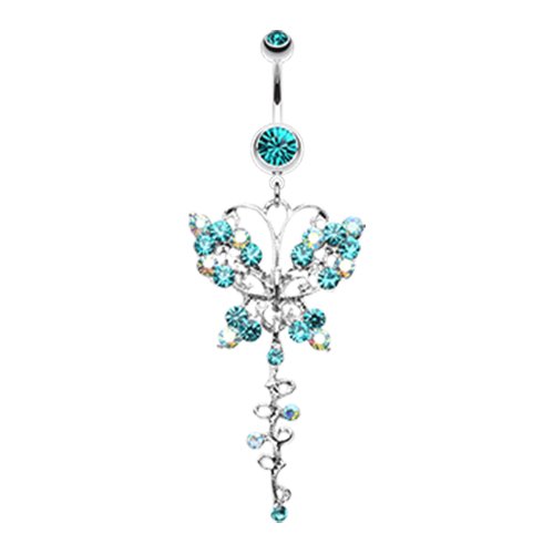 Opulent Butterfly Multi-Gem Belly Button Ring Navel Ring Impulse Piercings Teal/Aurora Borealis