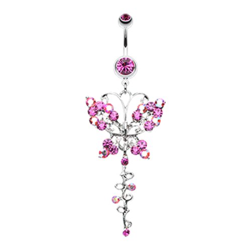 Opulent Butterfly Multi-Gem Belly Button Ring Navel Ring Impulse Piercings Fuchsia/Aurora Borealis