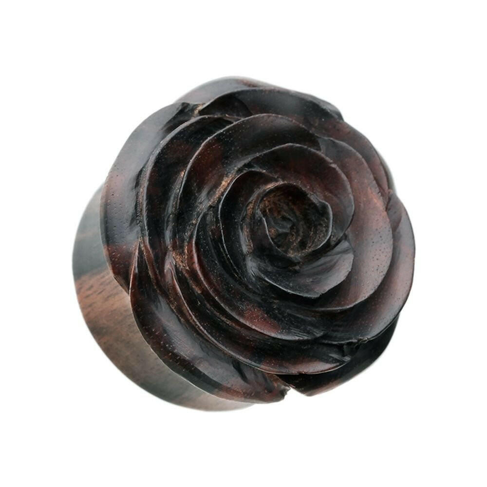 Organic Blooming Rose Ebony Wood Double Flared Ear Gauge Plug Earrings Plug Earrings Impulse Piercings 2 GA (6.5mm)