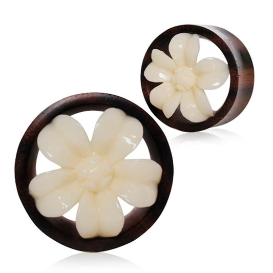 Organic Buffalo Bone Flower Blossom Sono Wood Tunnel Plug Plugs Impulse Piercings 0 gauge (8mm)