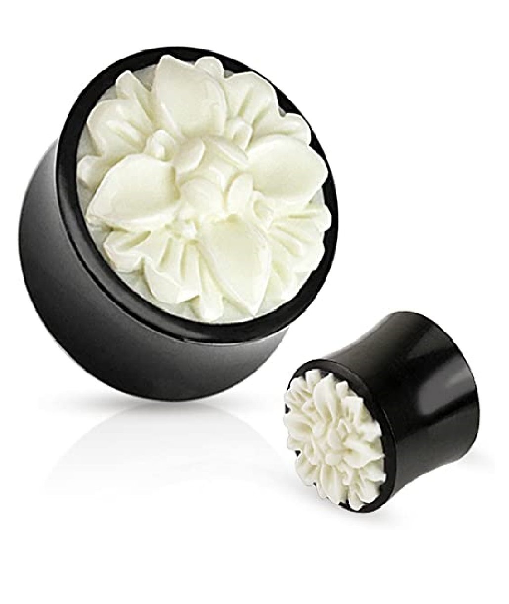 Organic Buffalo Horn Frasera Flower White Hand Carved Bone Inlay Saddle Fit Plugs Plugs Impulse Piercings 0GA (8mm)