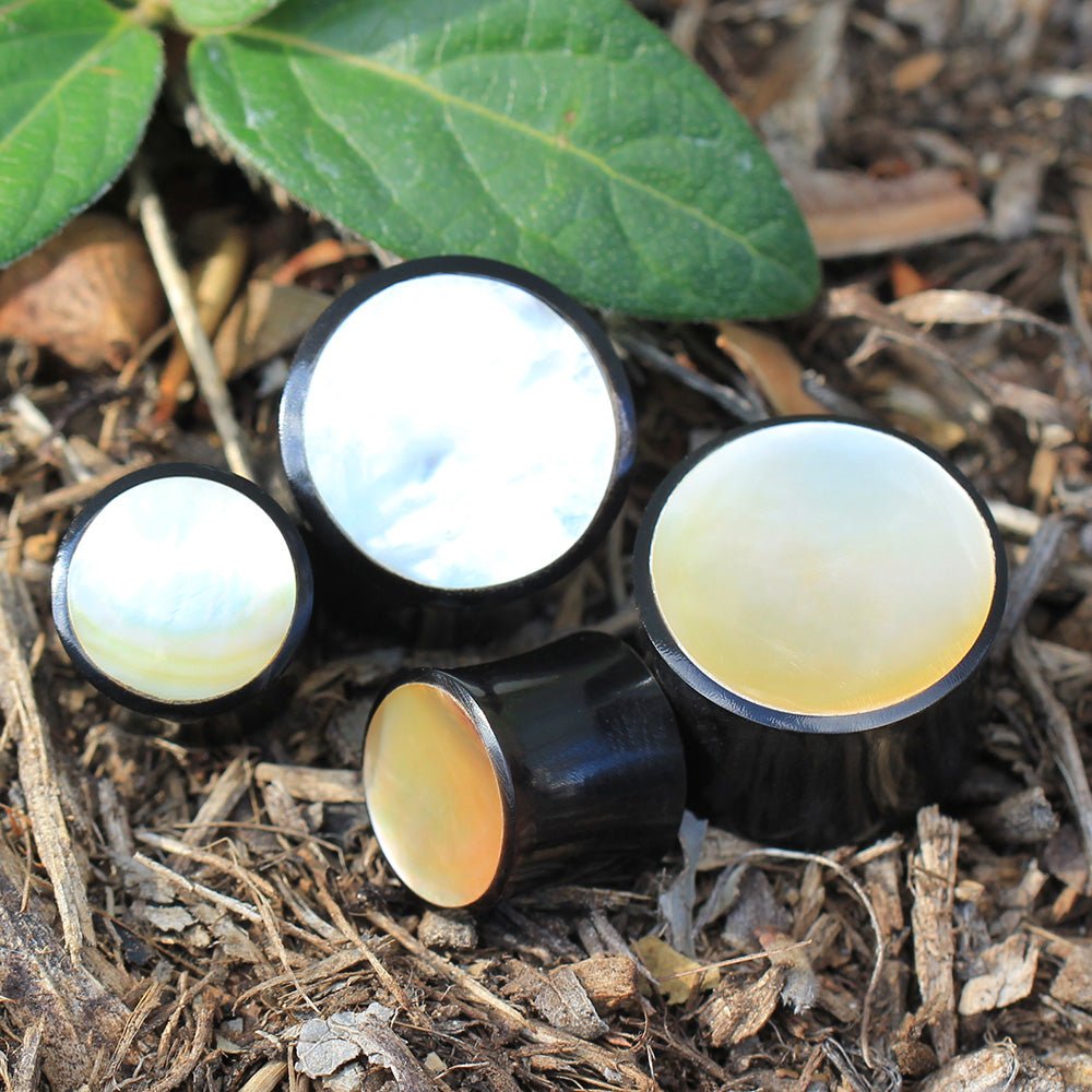 Organic Buffalo Horn Saddle Plug with Mother of Pearl Inlay — Sold as Pair
