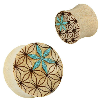 Organic Crocodile Wood Saddle Plug with Turquoise Floral Pattern Plugs Impulse Piercings