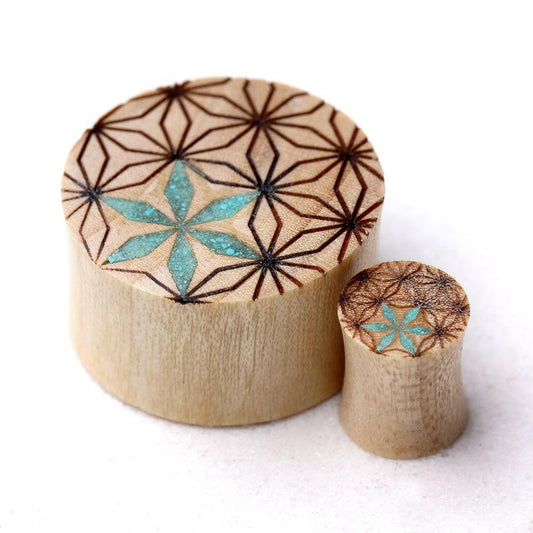 Organic Crocodile Wood Saddle Plug with Turquoise Floral Pattern Plugs Impulse Piercings 0GA