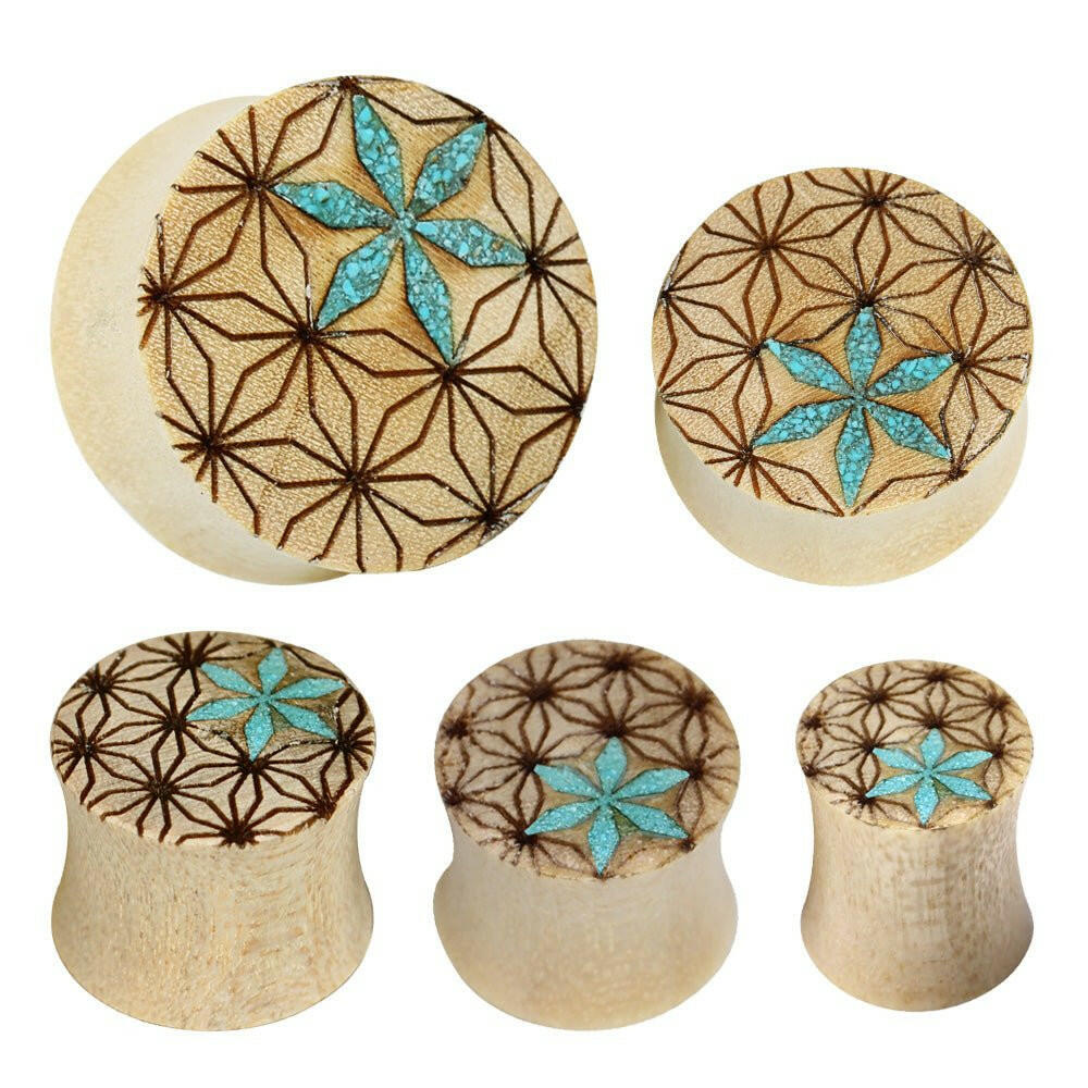 Organic Crocodile Wood Saddle Plug with Turquoise Floral Pattern Plugs Impulse Piercings