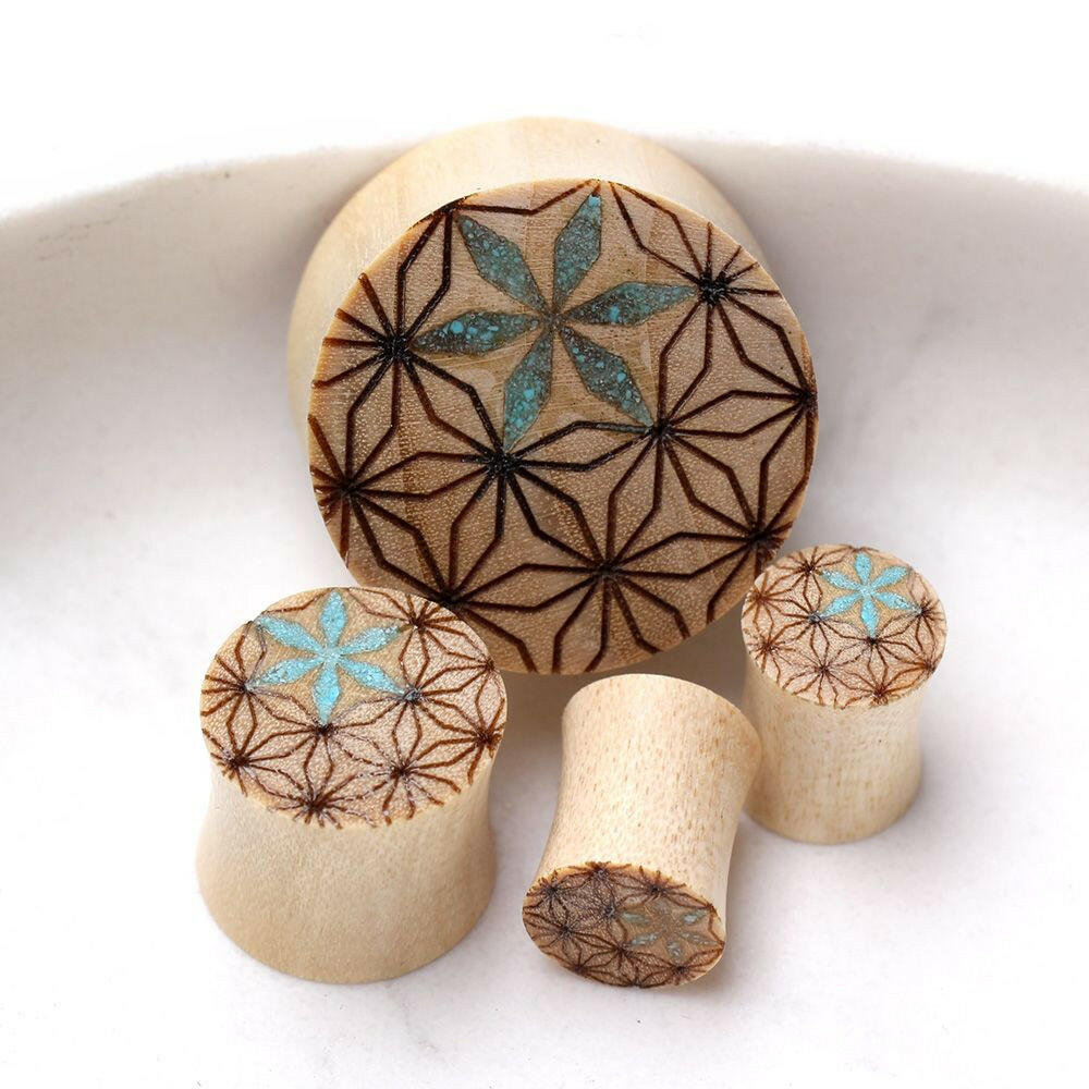 Organic Crocodile Wood Saddle Plug with Turquoise Floral Pattern Plugs Impulse Piercings