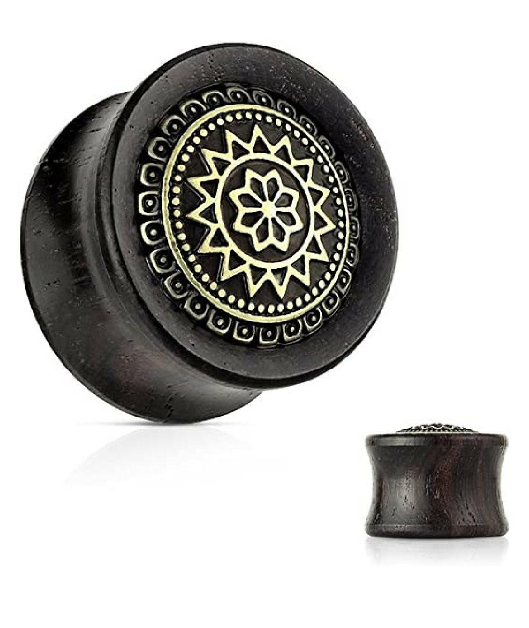 Organic Ebony Wood Antique Gold Plated Tribal Sun Shield Front Saddle Plugs Plugs Impulse Piercings 0GA (8mm)