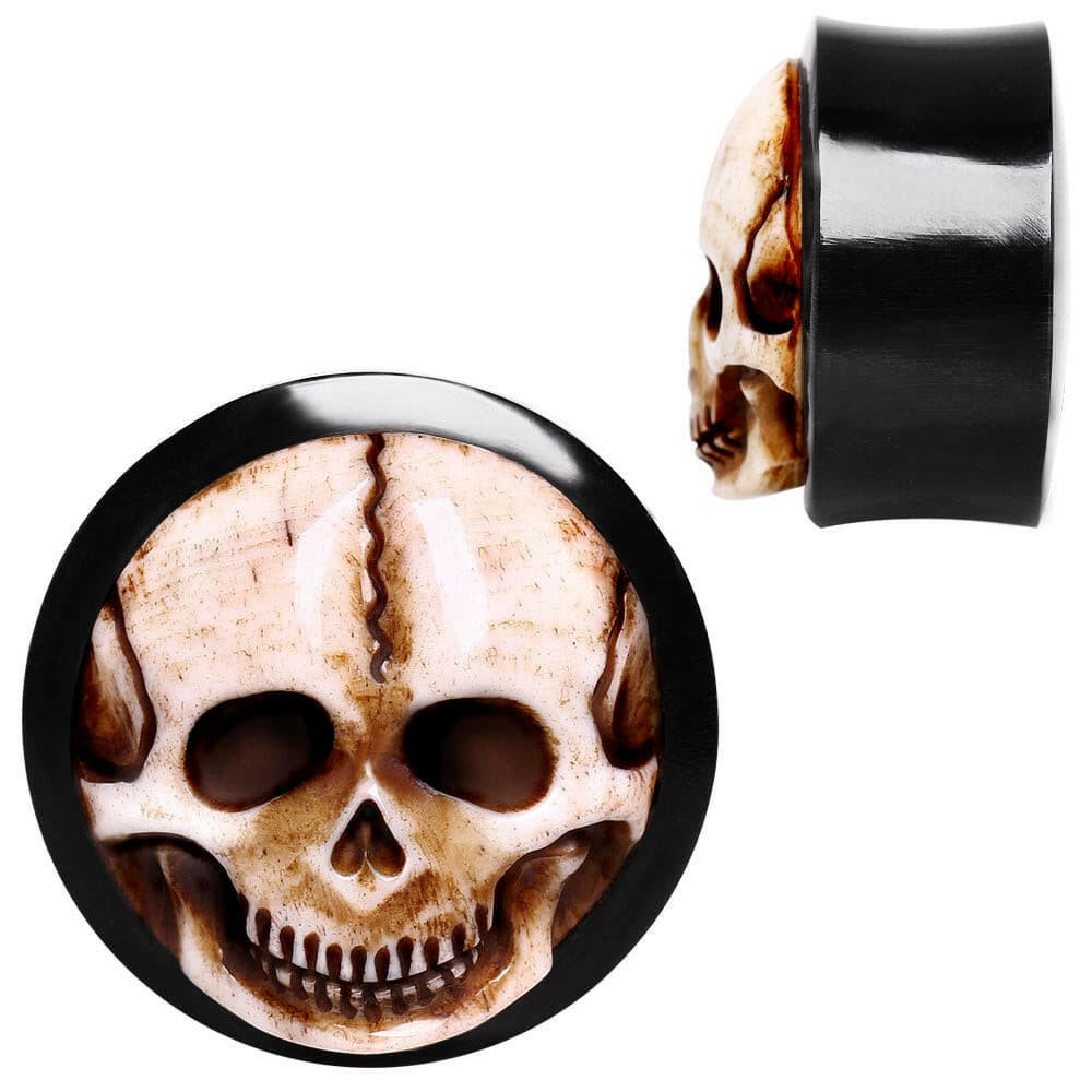 Organic Horn Saddle Plug with Bone Skull Inlay Plugs Impulse Piercings 2 gauge (6mm)