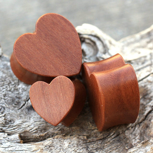Organic Red Cherry Wood Heart Saddle Plug — Sold as Pair