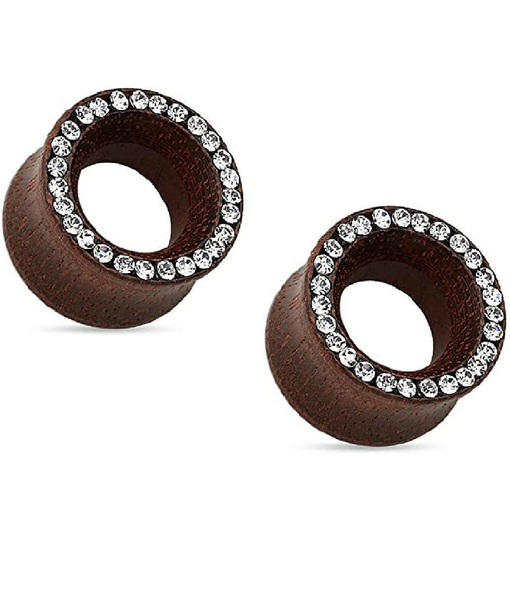 Organic Rose Wood with Crystal Paved Rim Double Flared Tunnels Plugs Impulse Piercings 0GA (8mm)