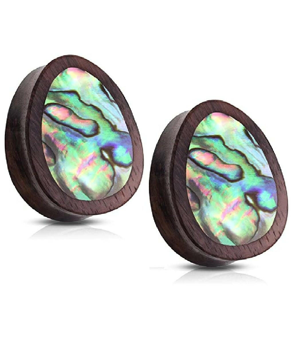 Organic Sono Wood Abalone Inlaid Tear Drop Saddle Plugs Plugs Impulse Piercings 0GA (8mm)