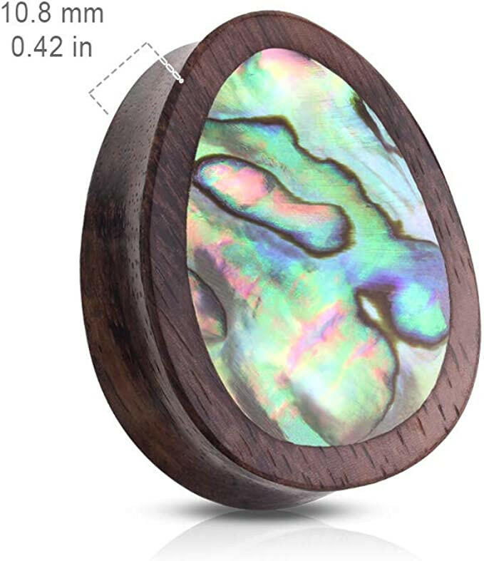 Organic Sono Wood Abalone Inlaid Tear Drop Saddle Plugs Plugs Impulse Piercings