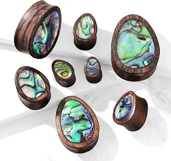 Organic Sono Wood Abalone Inlaid Tear Drop Saddle Plugs Plugs Impulse Piercings