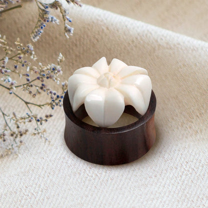 Organic Sono Wood & Buffalo Bone Flower Blossom Tunnel Plug — Sold as Pair