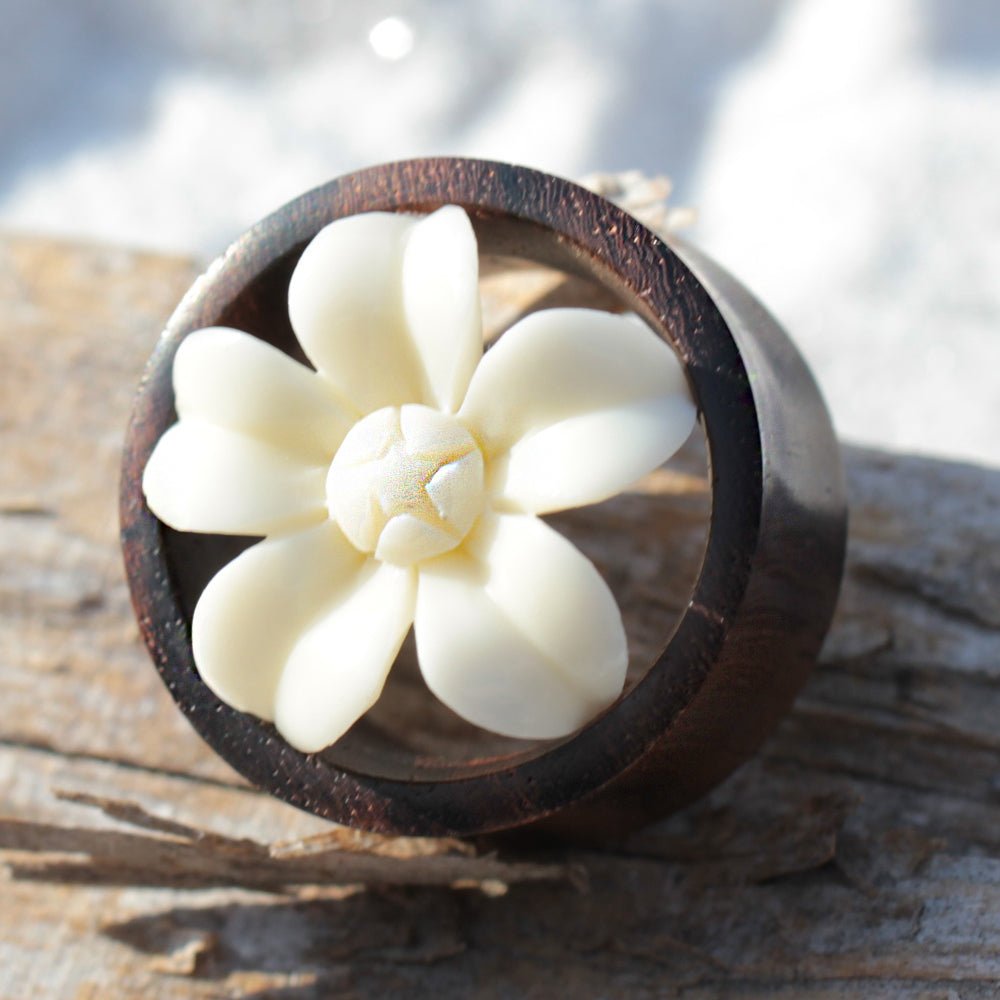 Organic Sono Wood & Buffalo Bone Flower Blossom Tunnel Plug — Sold as Pair
