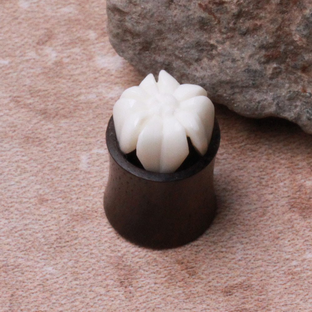 Organic Sono Wood & Buffalo Bone Flower Blossom Tunnel Plug — Sold as Pair