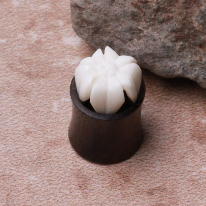Organic Sono Wood & Buffalo Bone Flower Blossom Tunnel Plug — Sold as Pair