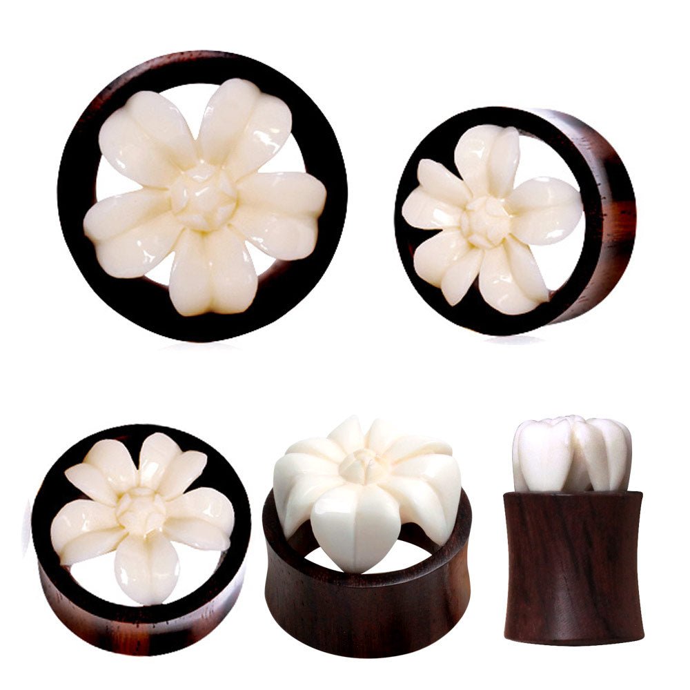 Organic Sono Wood & Buffalo Bone Flower Blossom Tunnel Plug — Sold as Pair
