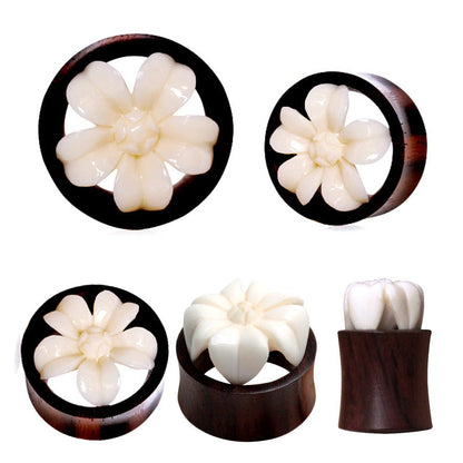 Organic Sono Wood & Buffalo Bone Flower Blossom Tunnel Plug — Sold as Pair