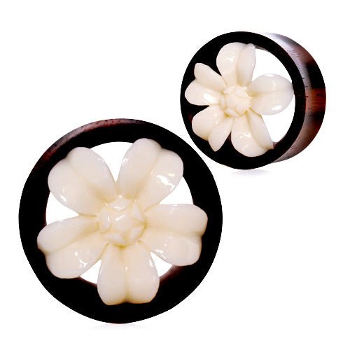 Organic Sono Wood & Buffalo Bone Flower Blossom Tunnel Plug — Sold as Pair