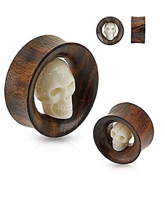 Organic Sono Wood Carved Skull Inside Saddle Fit Tunnels Plugs Impulse Piercings 3/4" (19mm)