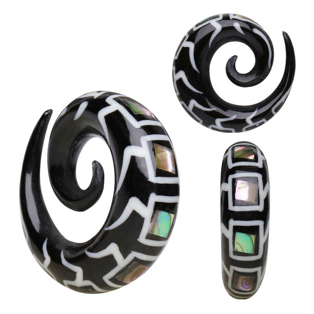 Organic Spiral Buffalo Horn Taper with Abalone & Bone Inlay Tapers Impulse Piercings 2 gauge