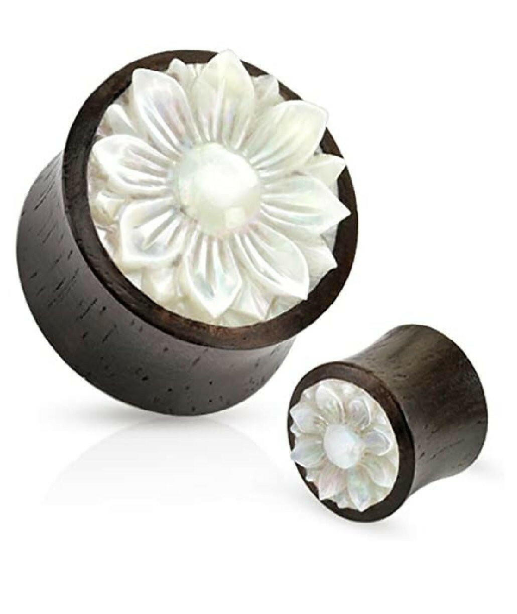 Organic Wood Lotus Flower Mother of Pearl Inlay Saddle Plugs Plugs Impulse Piercings 00GA (10mm)