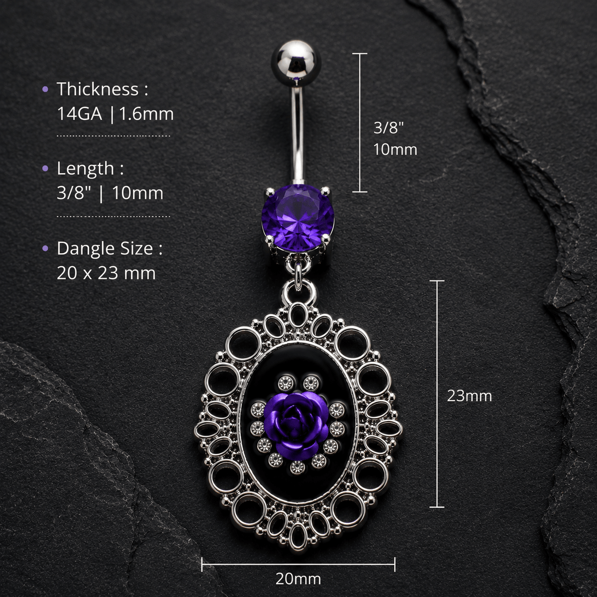 Ornate Frame Rose Navel Ring, side profile