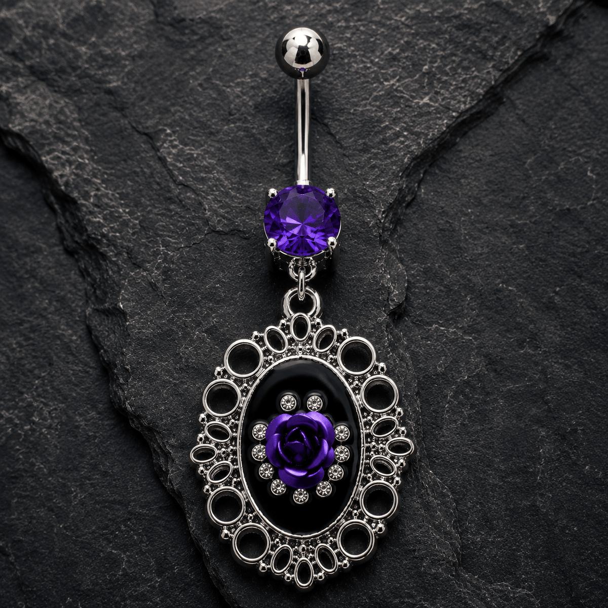 Ornate Frame Rose Navel Ring, purple CZ barbell top detail