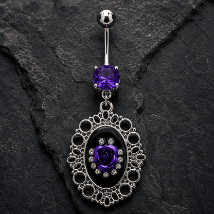 Ornate Frame Rose Navel Ring, purple CZ barbell top detail