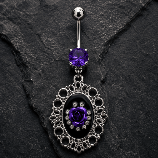 Ornate Frame Rose Navel Ring, purple CZ barbell top detail