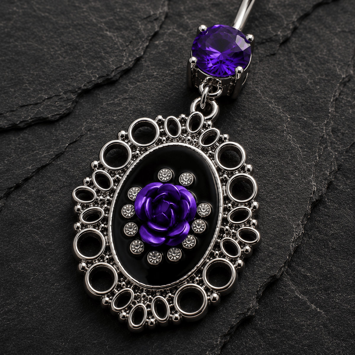 Ornate Frame Rose Navel Ring, close up of black enamel and CZ detail