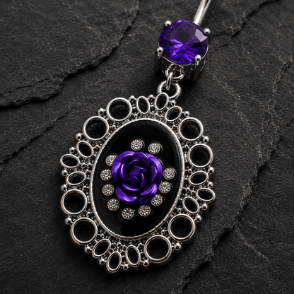 Ornate Frame Rose Navel Ring, close up of black enamel and CZ detail