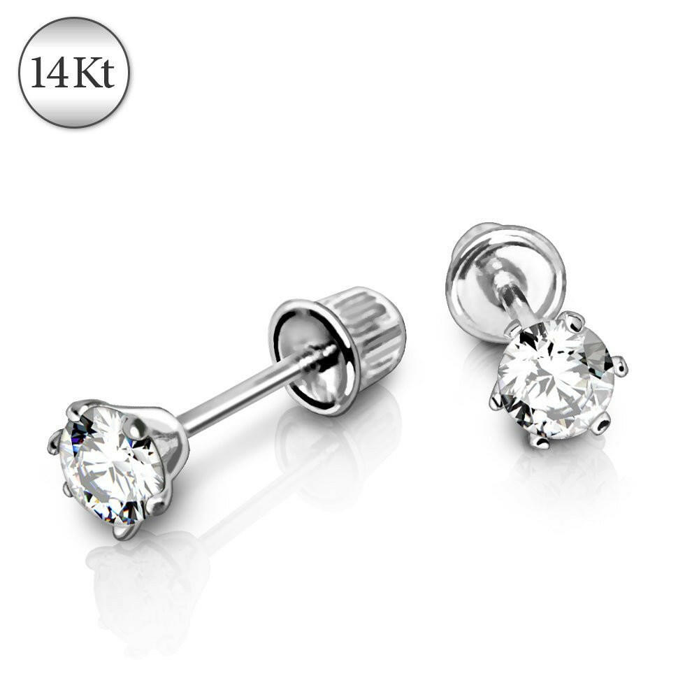 Pair of 14Kt. White Gold Round CZ Earring with Screw Back Earring Impulse Piercings