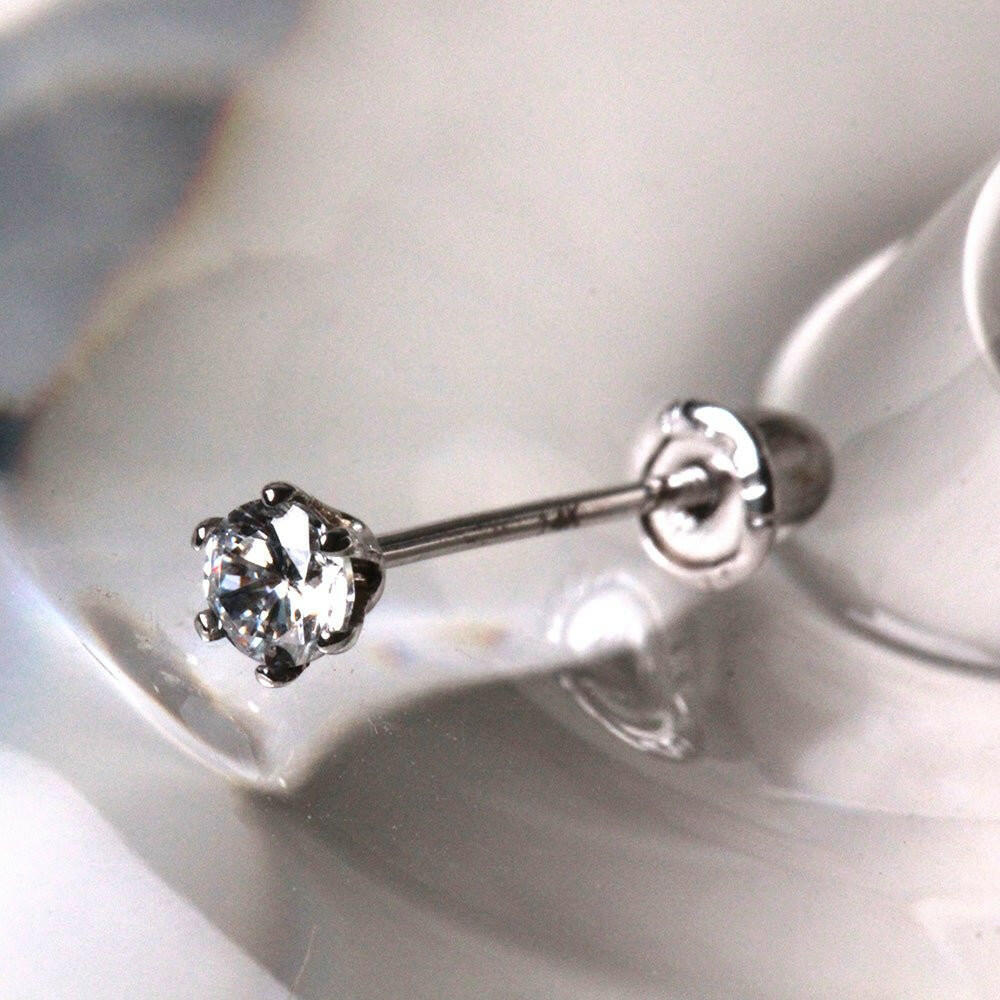 Pair of 14Kt. White Gold Round CZ Earring with Screw Back Earring Impulse Piercings