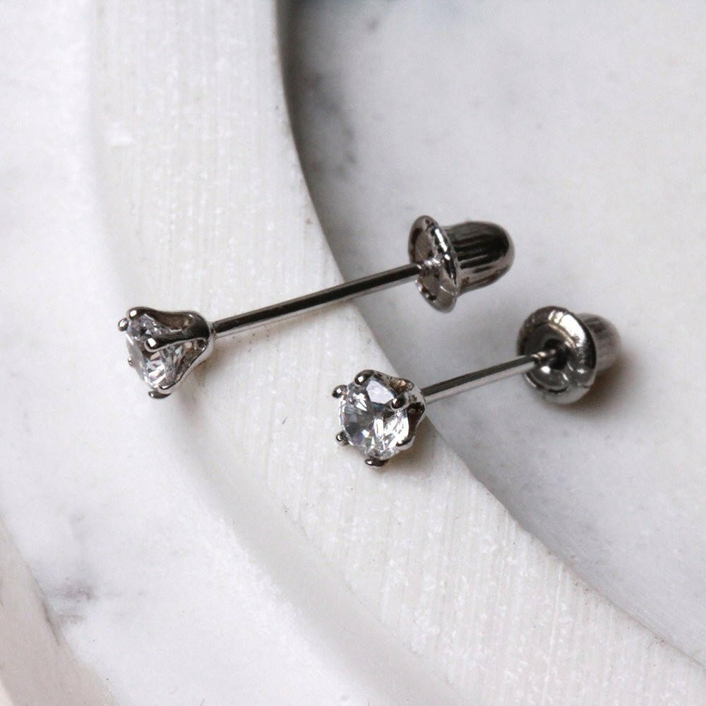 Pair of 14Kt. White Gold Round CZ Earring with Screw Back Earring Impulse Piercings