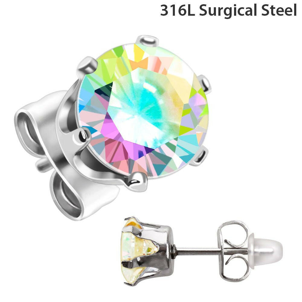 Pair of 316L Stainless Steel Aurora Borealis Round CZ Stud Earrings Earring Impulse Piercings 3mm