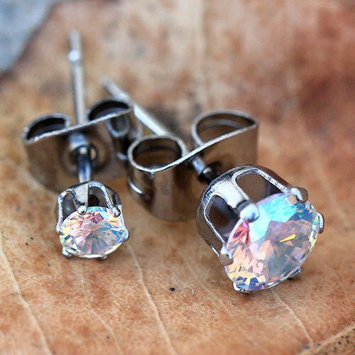 Pair of 316L Stainless Steel Aurora Borealis Round CZ Stud Earrings Earring Impulse Piercings