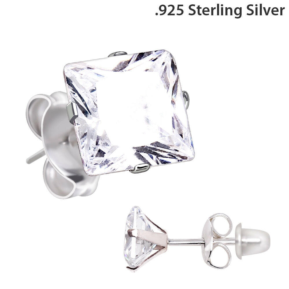 Pair of .925 Sterling Silver Clear Princess Cut CZ Stud Earrings Earring Impulse Piercings 3mm