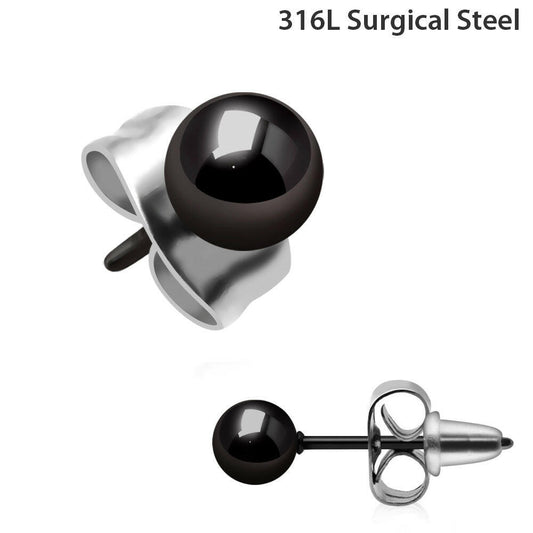 Pair of Black PVD Plated 316L Stainless Steel Ball Stud Earrings Earring Impulse Piercings 2.5mm